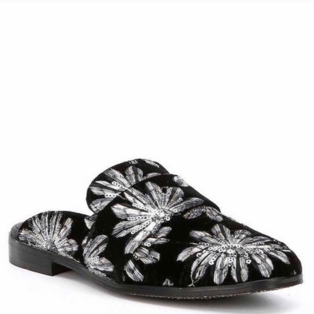 Free People Brocade Black Embroidered Slides